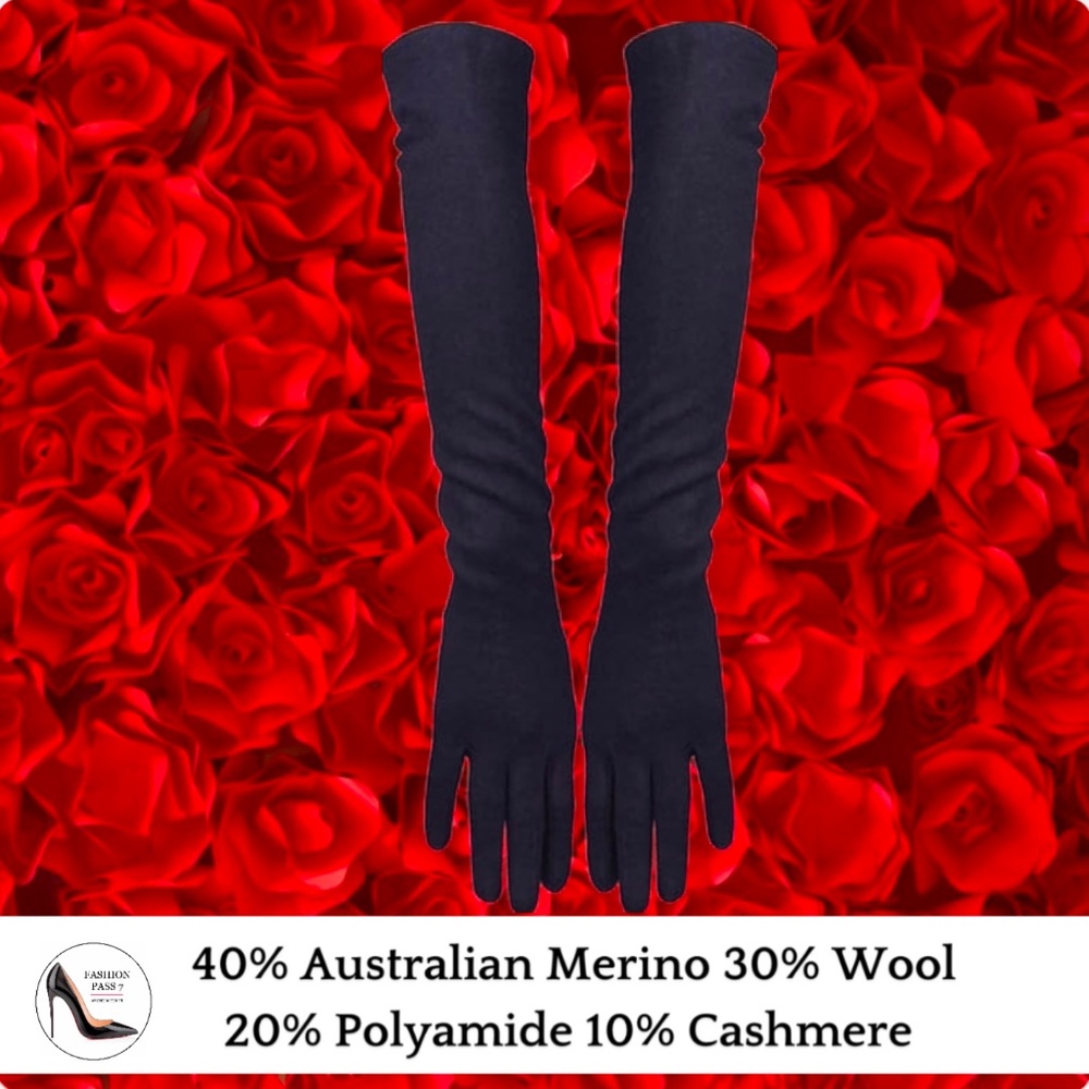 Black Long Cashmere Merino Wool Gloves Luxury Elbow Length Cashmere Gloves Gift
